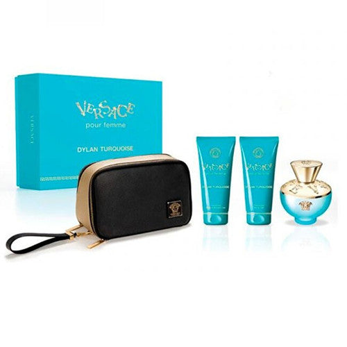Versace Dylan Turquoise pour Femme dāvanu komplekts EDT 100 ml, ķermeņa losjons 100 ml, dušas želeja 100 ml un kosmētikas komplekts sievietēm
