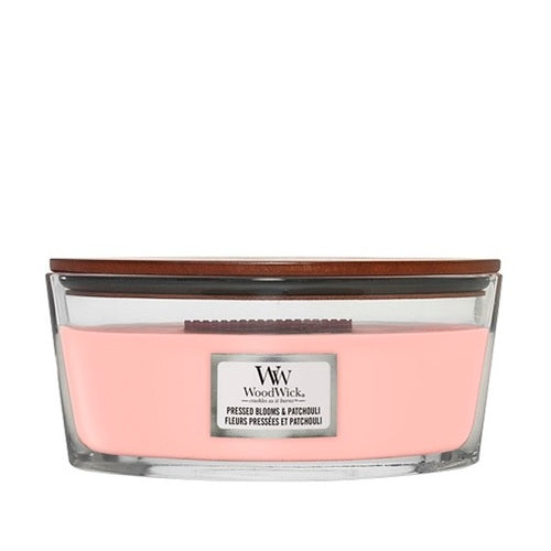 WoodWick Pressed Blooms & Patchouli Ship susmulkintas gėles ir pačiuliu kvepianti žvakė