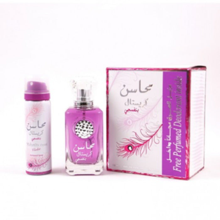 Lattafa Perfumes Mahasin Crystal Violet dovanų rinkinys EDP 100 ml ir purškiamas dezodorantas 75 ml Moterims