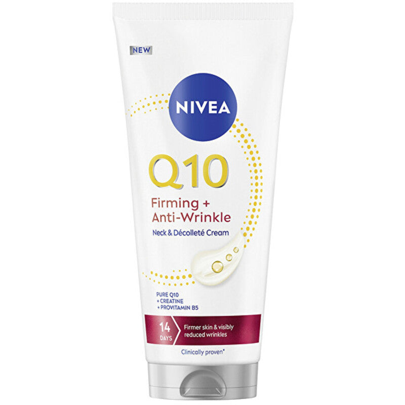 „Nivea Firming and Pre-Wrinkle Neck & Décolleté Cream Q10“ – stangrinamasis kremas kaklui ir dekoltė sričiai.