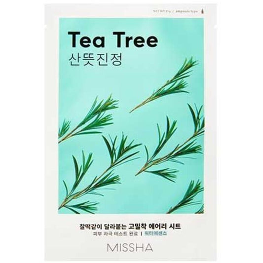 Missha Airy Fit Sheet Mask Tea Tree ir sejas maska ​​jutīgai ādai ar attīrošu un atsvaidzinošu efektu.