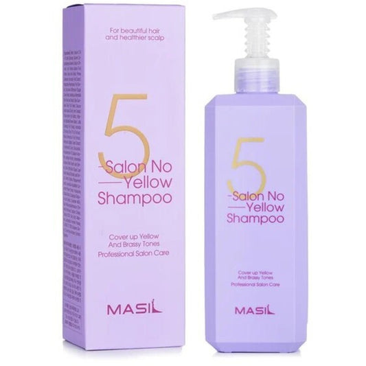 „Masil 5 Salon No Yellow“ šampūnas – violetinis šampūnas, neutralizuojantis geltonus atspalvius.