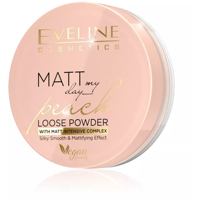 „Eveline Cosmetics Matt My Day Peach“ biri pudra, suteikianti švelnumo ir matiškumo, 6 g