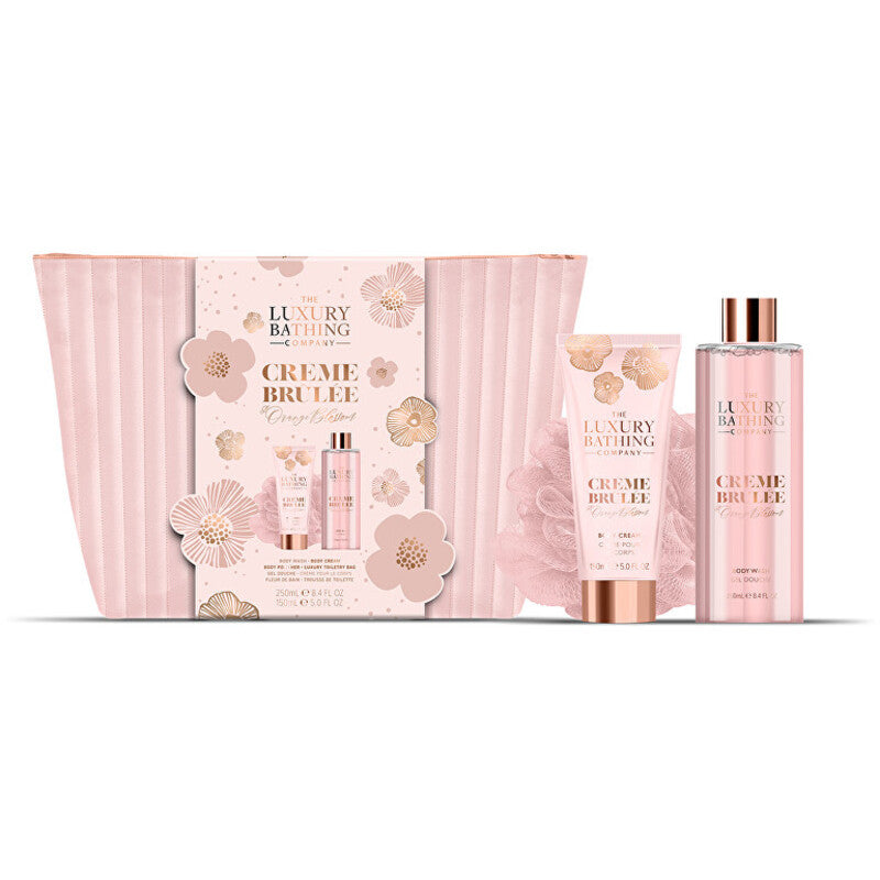 „Luxury Bathing Company“ kūno priežiūros dovanų rinkinys kosmetinėje (Creme Brulee, apelsinų ir vanilės)