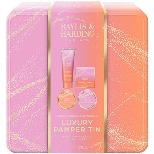 „Baylis & Harding Luxury Pamper Tin“ (simondsijų, vanilės ir migdolų aliejaus) – kūno priežiūros dovanų rinkinys