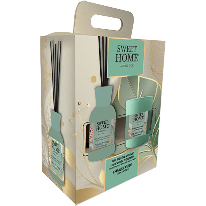 Sweet Home Collection „Green Chrysalys Set“ – kvapų difuzoriaus dovanų rinkinys su žvake