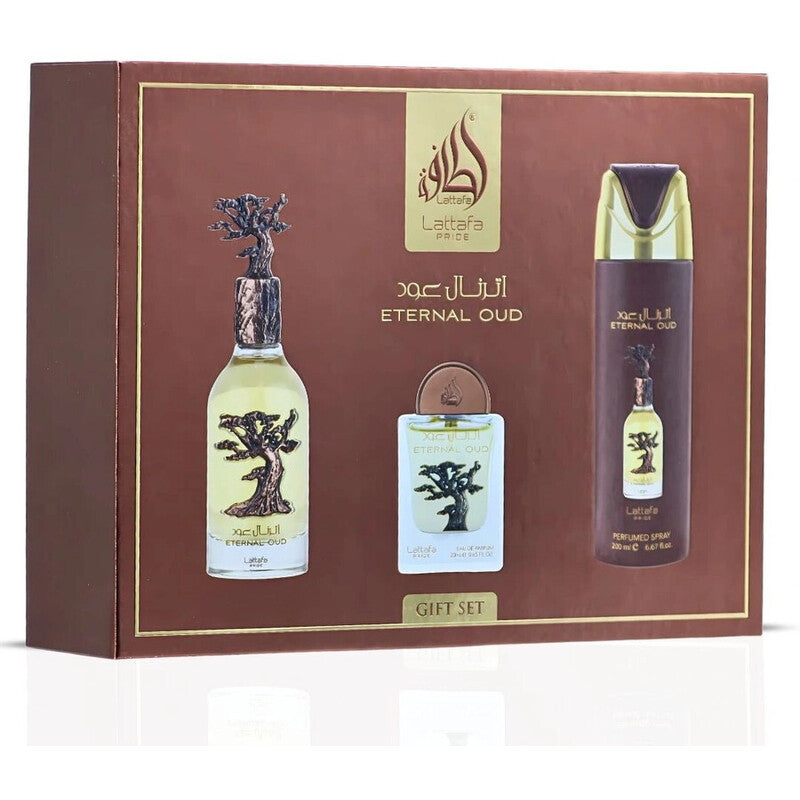Lattafa Perfumes Eternal Oud Gift Set EDP 100 ml, deospray 200 ml and EDP 20 ml