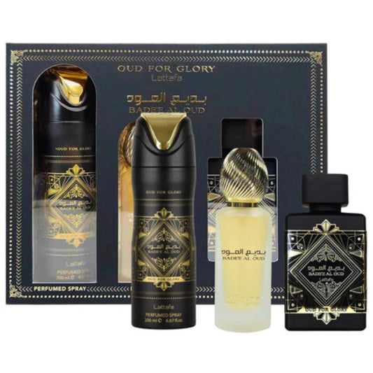 Lattafa Perfumes Bade'e Al Oud For Glory Gift Set EDP 100 ml, deospray 200 ml and hair mist 50 ml